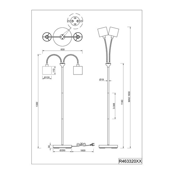 Reality Leuchten Stehleuchte Tommy R46332001, Metall Nickel Matt, Stoffschirm WeiÃŸ, Exklusiv 2x E14
