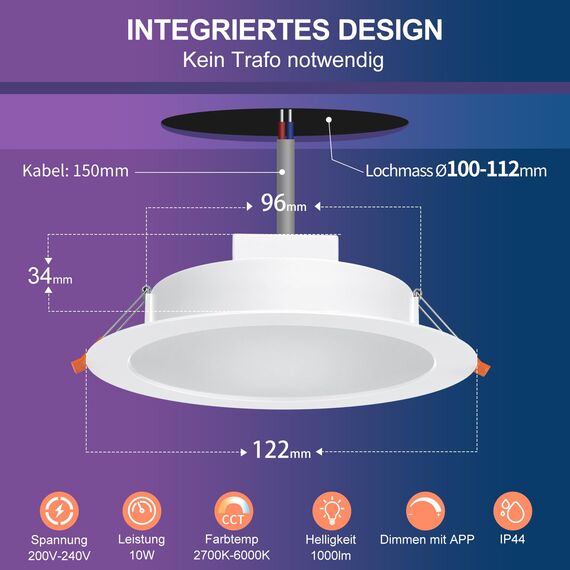 DUSKTEC Einbaustrahler LED RGB, Smart LED Spots Deckenleuchte 230V Alexa, Deckenspots APP Dimmbar Farbig 2700K-6000K Warmweiß bis Kaltweiß 10W, Einbauleuchten Decke Flach für Bad 4 stück