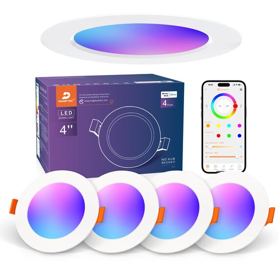 DUSKTEC Einbaustrahler LED RGB, Smart LED Spots Deckenleuchte 230V Alexa, Deckenspots APP Dimmbar Farbig 2700K-6000K Warmweiß bis Kaltweiß 10W, Einbauleuchten Decke Flach für Bad 4 stück