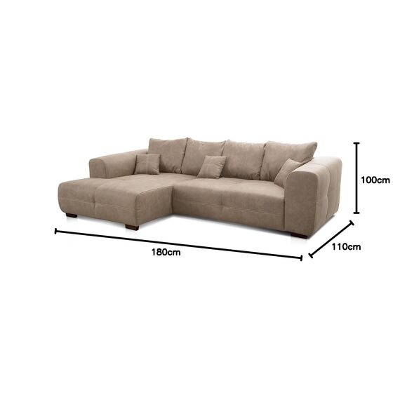 Cavadore Ecksofa Mavericco / XXL Eckcouch Inkl. Rückenkissen und Zierkissen / Longchair links / Industrial Style / 285 x 69 x 170 (BxHxT) / Mikrofaser Beige