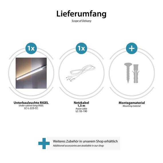 ledscom.de LED Unterbauleuchte RIGEL, Farbtemperatur einstellbar, Stecker, 57cm, 8,8 W, 830lm, warmweiß/weiß