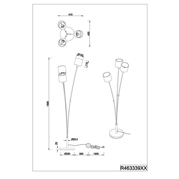 Reality Leuchten Stehleuchte Tommy R46333901, Metall Nickel matt, Stoffschirm weiß, exklusiv 3x E14