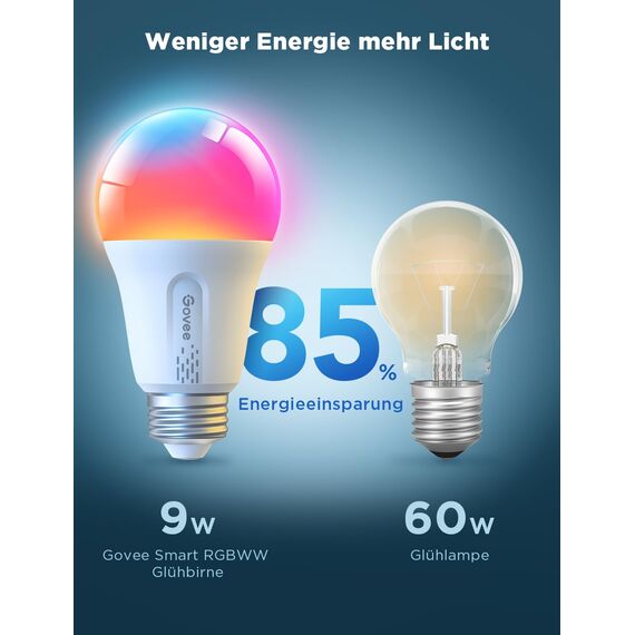Govee Smart Glühbirne E27, WLAN LED Lampe RGBWW kompatibel mit Matter, Alexa und Google Assistant, dimmbare mit 16 Millionen DIY-Farben, 800LM, 54 Szenen, Smart Home Alexa Zubehör, 2 Stück