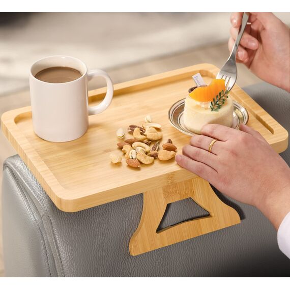 GEHE Bamboo Couch Arm Table, Stable Sofa Arm Tray for Wide Couches Arm, Foldable Sofa Armrest Tray for Food/Drinks/Snacks/Phone/Remote Control, Sofa Armrest Clip Table for Small Spaces