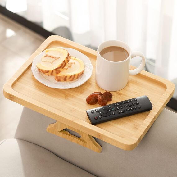 GEHE Bamboo Couch Arm Table, Stable Sofa Arm Tray for Wide Couches Arm, Foldable Sofa Armrest Tray for Food/Drinks/Snacks/Phone/Remote Control, Sofa Armrest Clip Table for Small Spaces