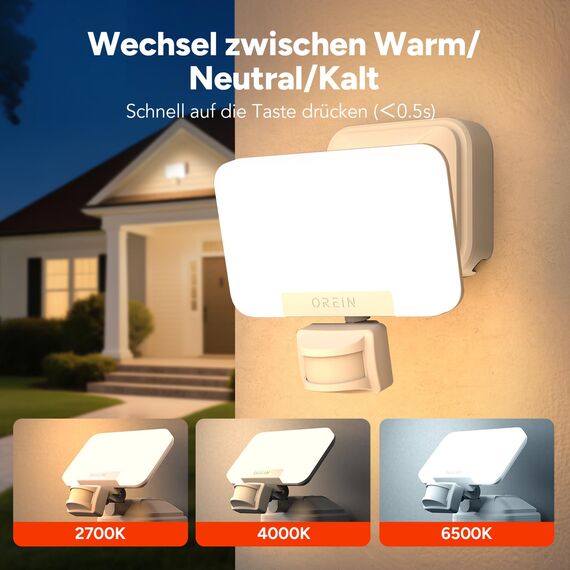 OREiN 3000LM Außenstrahler mit bewegungsmelder 27W (230W), 2700/4000/6500K Wandlampe mit 3 Leuchtmodi, DIY-Sensor, 160-Leds IP65 LED Außenwandleuchte Flutlicht, Upgraded Einbau, Weiß