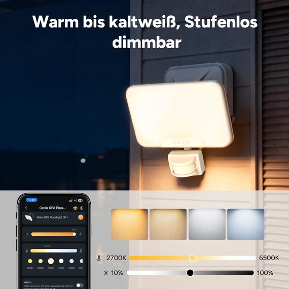 OREiN Smart Außenstrahler mit Bewegungsmelder 28W/3000lm, App steuerbar, Vielseitige Außenlampe 2700/4000/6500K, Gruppensteuerung & Timer, IP65 Intelligente Aussenleuchte für Haustür/Garage, Weiß