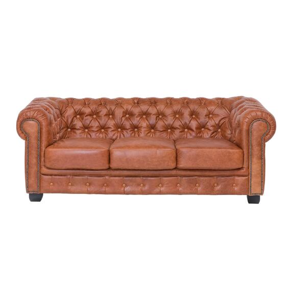 Woodkings® Chesterfield Sofa 3-Sitzer Vintage Echtleder Couch Bürosofa Polstermöbel 3 Sitzer antik Designsofa Federkern Unikat Herrenzimmer englisches Leder Stilsofa Clubsofa (Cracker braun)