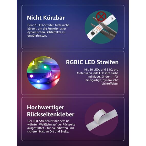 Lepro AI LED Streifen S1, MagicColor RGBIC 15M Smart LED Strip mit Personalisierter KI-Lichtdesigner, Musik-Sync, App-Steuerung kompatibel mit Alexa&Google Assistant, LED Lichterkette für Party&Gaming