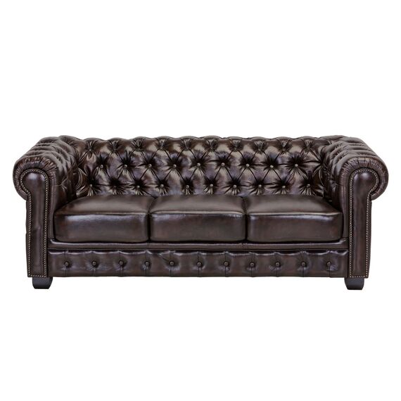 Woodkings® Chesterfield Sofa 3-Sitzer Vintage Echtleder Couch Bürosofa Polstermöbel 3 Sitzer antik Designsofa Federkern Unikat Herrenzimmer englisches Leder Stilsofa Clubsofa (antik braun)