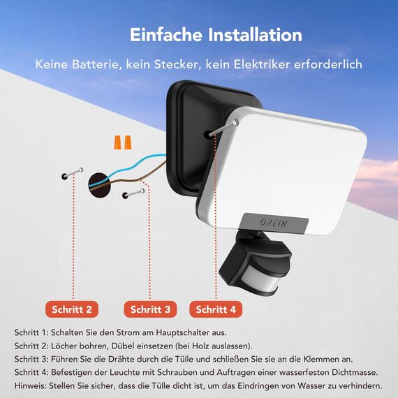 OREiN Sicherheitsleuchte CCT Aussenlampe mit Bewegungsmelder 24W=200W, 3 Farbtemp & 3 Modi Außenwandleuchte 2800LM Ultra-hell, 5D schwenkbar IP65 Aussenstrahler Scheinwerfer, 3 Stück