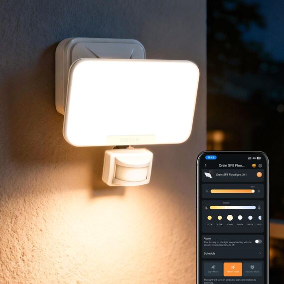 OREiN Smart Außenstrahler mit Bewegungsmelder 28W/3000lm, App steuerbar, Vielseitige Außenlampe 2700/4000/6500K, Gruppensteuerung & Timer, IP65 Intelligente Aussenleuchte für Haustür/Garage, Weiß