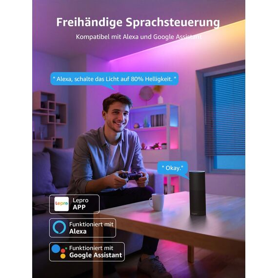 Lepro AI LED Streifen S1, MagicColor RGBIC 10M Smart LED Strip mit Personalisierter KI-Lichtdesigner, Musik-Sync, App-Steuerung kompatibel mit Alexa&Google Assistant, LED Lichterkette für Party&Gaming