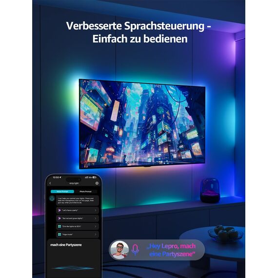 Lepro AI LED Streifen S1, MagicColor RGBIC 15M Smart LED Strip mit Personalisierter KI-Lichtdesigner, Musik-Sync, App-Steuerung kompatibel mit Alexa&Google Assistant, LED Lichterkette für Party&Gaming
