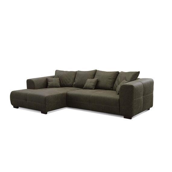 CAVADORE Ecksofa Mavericco inkl. Kissen / XXL-Eckcouch im modernen Design / Longchair links / 285 x 69 x 170 / Lederoptik dunkelgrün