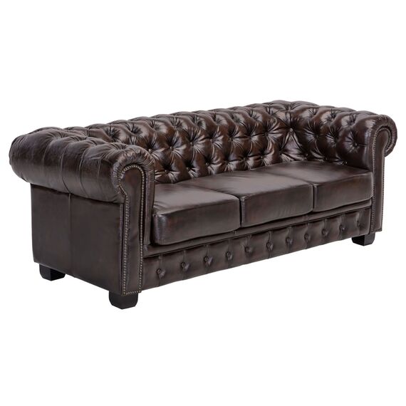 Woodkings® Chesterfield Sofa 3-Sitzer Vintage Echtleder Couch Bürosofa Polstermöbel 3 Sitzer antik Designsofa Federkern Unikat Herrenzimmer englisches Leder Stilsofa Clubsofa (antik braun)