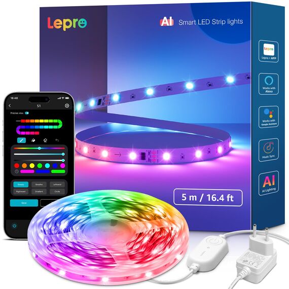 Lepro AI LED Streifen S1, MagicColor RGBIC 5M Smart LED Strip mit Personalisierter KI-Lichtdesigner, Musik-Sync, App-Steuerung kompatibel mit Alexa&Google Assistant, LED Lichterkette für Party&Gaming