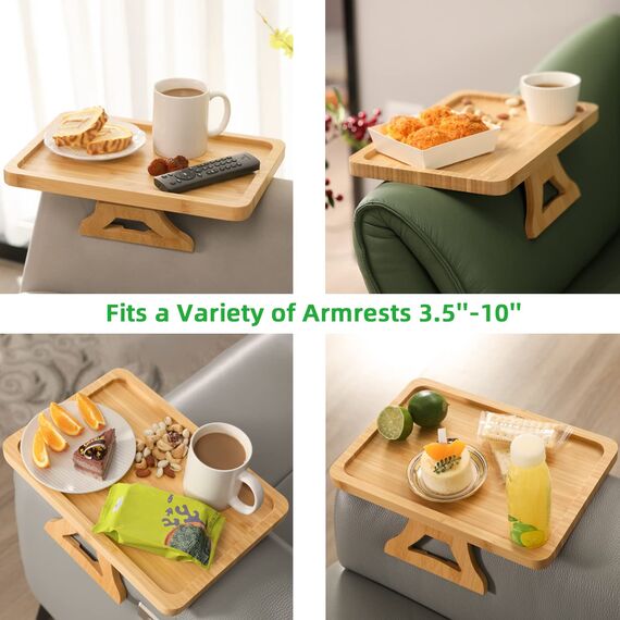 GEHE Bamboo Couch Arm Table, Stable Sofa Arm Tray for Wide Couches Arm, Foldable Sofa Armrest Tray for Food/Drinks/Snacks/Phone/Remote Control, Sofa Armrest Clip Table for Small Spaces
