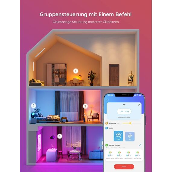 Govee Smart Glühbirne E27, WLAN LED Lampe RGBWW kompatibel mit Matter, Alexa und Google Assistant, dimmbare mit 16 Millionen DIY-Farben, 800LM, 54 Szenen, Smart Home Alexa Zubehör, 4 Stück