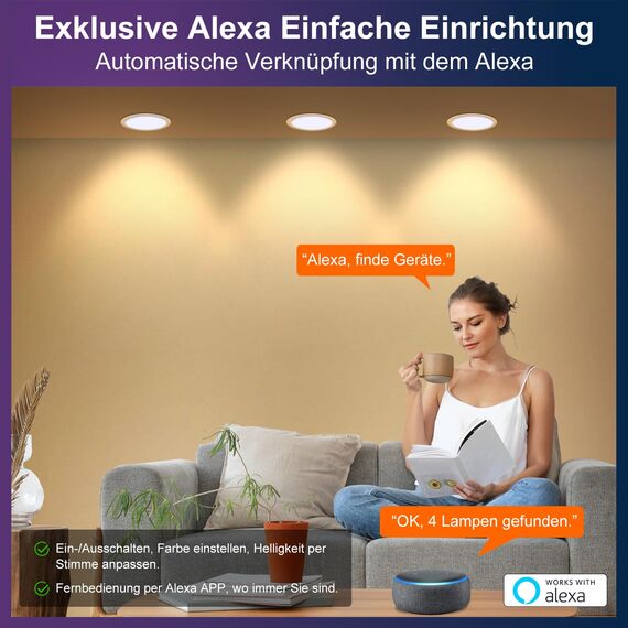 DUSKTEC Einbaustrahler LED RGB Smart, LED Spots 230V Warm und Kaltweiss Farbig 2700K-6000K Dimmbar mit APP Alexa, Deckenspots Bunt Bluetooth 7W 68mm, IP44 Einbauleuchten Einbauspots 4 stück