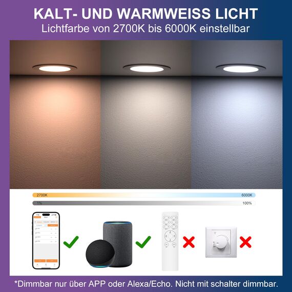 DUSKTEC Einbaustrahler LED RGB Smart, LED Spots 230V Warm und Kaltweiss Farbig 2700K-6000K Dimmbar mit APP Alexa, Deckenspots Bunt Bluetooth 7W 68mm, IP44 Einbauleuchten Einbauspots 4 stück