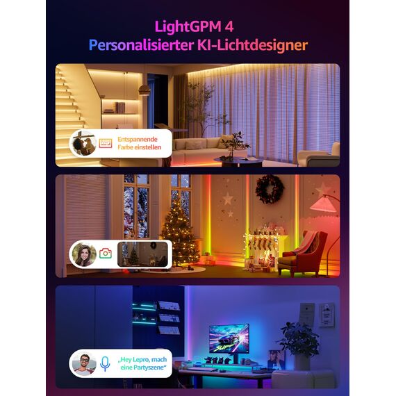 Lepro AI LED Streifen S1, MagicColor RGBIC 30M Smart LED Strip mit Personalisierter KI-Lichtdesigner, Musik-Sync, App-Steuerung kompatibel mit Alexa&Google Assistant, LED Lichterkette für Party&Gaming
