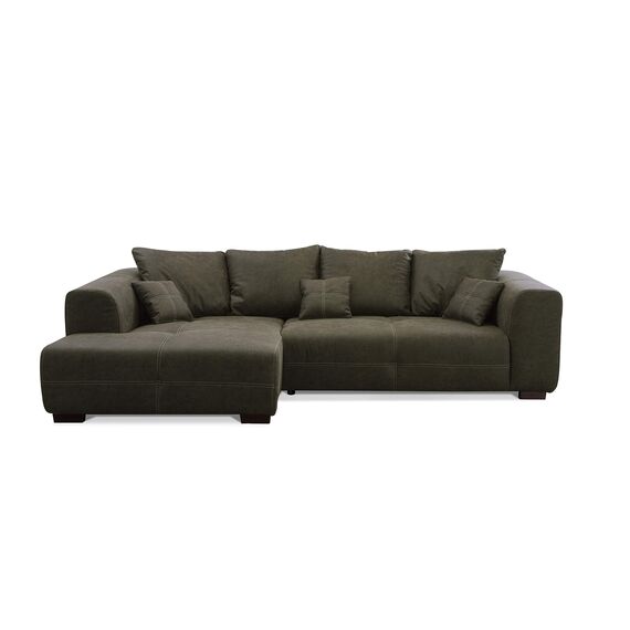 CAVADORE Ecksofa Mavericco inkl. Kissen / XXL-Eckcouch im modernen Design / Longchair links / 285 x 69 x 170 / Lederoptik dunkelgrün
