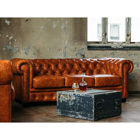Woodkings® Chesterfield Sofa 3-Sitzer Vintage Echtleder Couch Bürosofa Polstermöbel 3 Sitzer antik Designsofa Federkern Unikat Herrenzimmer englisches Leder Stilsofa Clubsofa (Cracker braun)