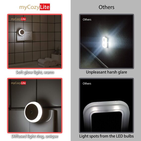 myCozyLite Nachtlicht Steckdose, Lichtsensor, Kaltweißes Licht, Kompakt und Klein, Energieeffizient, Smart LED Nachtlicht, für Badezimmer, Schlafzimmer, Küche, Rund, 2er Pack
