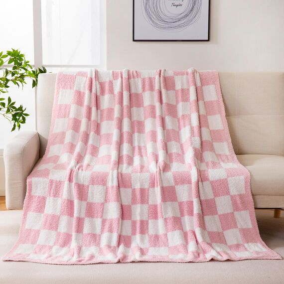 YIRUIO Überwurfdecke, Schachbrett, Queen-Size/King-Size-Größe, großes Schachbrett, kariert, wärmend, bequem, Plüsch, wendbar, Mikrofaser, gemütliche Dekoration für Zuhause, Bett, Couch (Rosa, 203 x