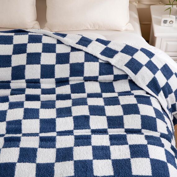 YIRUIO Überwurfdecken, Schachbrett, Gitter, Schachbrett, Gingham-Wärmer, Komfort, Plüsch, wendbar, Mikrofaser, gemütliche Dekoration für Zuhause, Bett, Couch (blau, 130 x 160 cm)