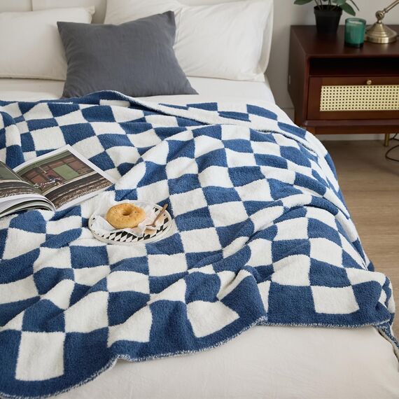 YIRUIO Überwurfdecken, Schachbrett-Gitter, Schachbrett, Gingham-Wärmer, bequem, wendbar, Mikrofaser, zottelig, gemütlich, Dekoration für Zuhause, Bett, Couch (blau, 152,4 x 200,9 cm)