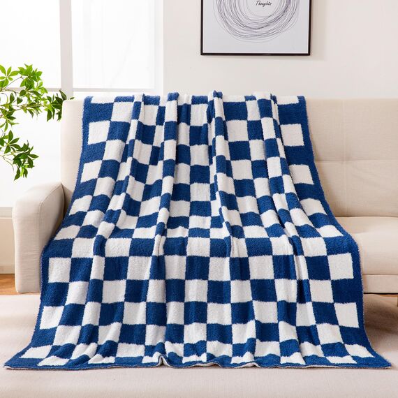 YIRUIO Überwurfdecken, Schachbrett, Gitter, Schachbrett, Gingham-Wärmer, Komfort, Plüsch, wendbar, Mikrofaser, gemütliche Dekoration für Zuhause, Bett, Couch (blau, 130 x 160 cm)