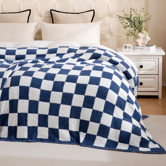 YIRUIO Überwurfdecken, Schachbrett-Gitter, Schachbrett, Gingham-Wärmer, bequem, wendbar, Mikrofaser, zottelig, gemütlich, Dekoration für Zuhause, Bett, Couch (blau, 152,4 x 200,9 cm)