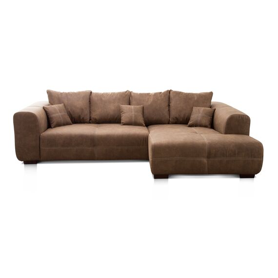 Cavadore Ecksofa Mavericco / XXL Eckcouch Inkl. Rückenkissen und Zierkissen / Longchair rechts / Industrial Style / 285 x 69 x 170 (BxHxT) / Mikrofaser Braun