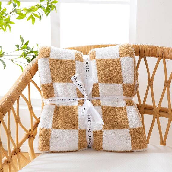 YIRUIO Überwurfdecken, Schachbrettgitter, Schachbrett, Gingham-Wärmer, bequem, wendbar, Mikrofaser, zottelig, gemütlich, Dekoration für Zuhause, Bett, Couch (gebranntes Orange, 152,4 x 200,9 cm)