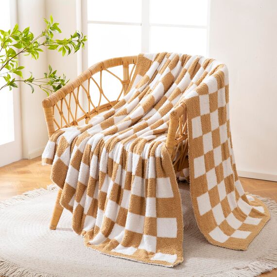 YIRUIO Überwurfdecken, Schachbrettgitter, Schachbrett, Gingham-Wärmer, bequem, wendbar, Mikrofaser, zottelig, gemütlich, Dekoration für Zuhause, Bett, Couch (gebranntes Orange, 152,4 x 200,9 cm)