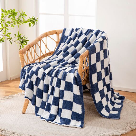 YIRUIO Überwurfdecken, Schachbrett-Gitter, Schachbrett, Gingham-Wärmer, bequem, wendbar, Mikrofaser, zottelig, gemütlich, Dekoration für Zuhause, Bett, Couch (blau, 152,4 x 200,9 cm)