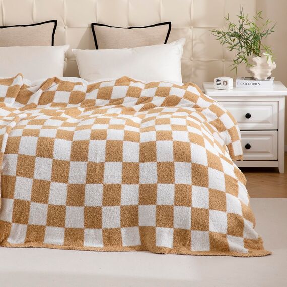 YIRUIO Überwurfdecken, Schachbrett, Gitter, Schachbrett, Gingham-Wärmer, bequem, wendbar, Mikrofaser, gemütliche Dekoration für Zuhause, Bett, Couch (gebranntes Orange, 130 x 160 cm)