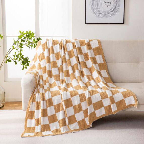 YIRUIO Überwurfdecken, Schachbrettgitter, Schachbrett, Gingham-Wärmer, bequem, wendbar, Mikrofaser, zottelig, gemütlich, Dekoration für Zuhause, Bett, Couch (gebranntes Orange, 152,4 x 200,9 cm)