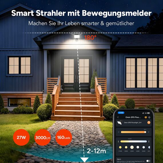 OREiN Smart LED Strahler mit Bewegungsmelder 28W/3000lm, CCT Außenleuchte 2700/4000/6500K, Gruppensteuerung & Zeitplan, verbesserte Montage, IP65 Intelligente Wandlampe für Hof/Haustür, Schwarz