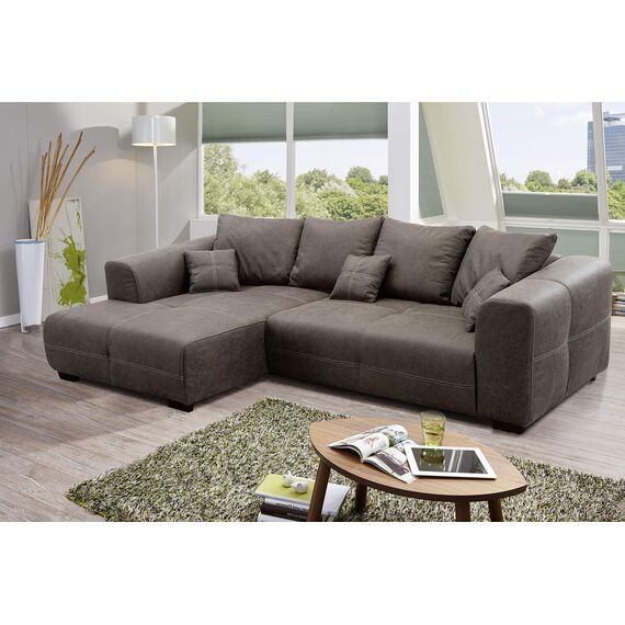 CAVADORE Ecksofa Mavericco inkl. Kissen / XXL-Eckcouch im modernen Design / Longchair links / 285 x 69 x 170 / Lederoptik braun