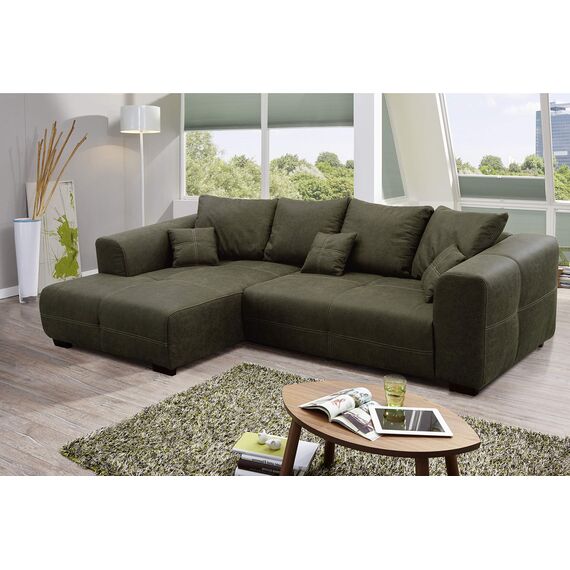 CAVADORE Ecksofa Mavericco inkl. Kissen / XXL-Eckcouch im modernen Design / Longchair links / 285 x 69 x 170 / Lederoptik dunkelgrün