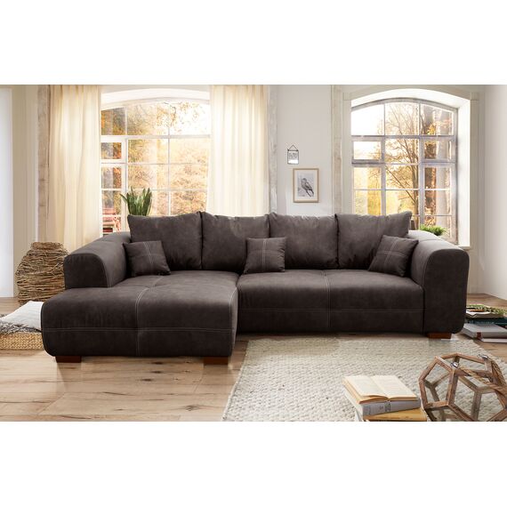 Cavadore Ecksofa Mavericco / XXL Eckcouch Inkl. Rückenkissen und Zierkissen / Longchair links / Industrial Style / 285 x 69 x 170 (BxHxT) / Mikrofaser Anthrazit