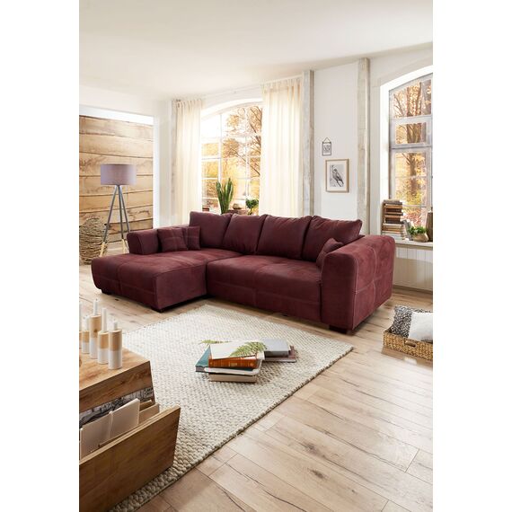 Cavadore Ecksofa Mavericco / XXL Eckcouch Inkl. Rückenkissen und Zierkissen / Longchair links / Industrial Style / 285 x 69 x 170 (BxHxT) / Mikrofaser Rot (bordeaux)