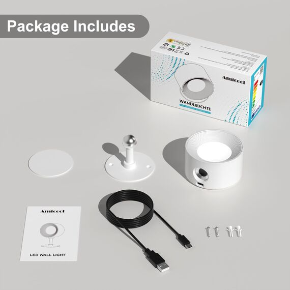 Amicool Wandleuchte Wandlampe Innen, Nachttischlampe Dimmbar mit Akku 1 Stück, Led Nachttischlampen Touch Control 3 Helligkeitsstufen 3 Farbmodi 360° drehbare für Wohnzimmer Schlafzimmer