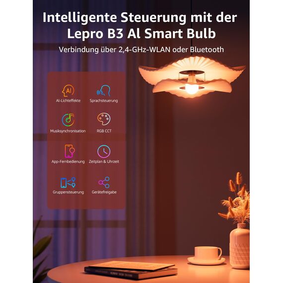 Lepro AI Smart Glühbirne B3, E27 WLAN/Bluetooth Smart Bulb 1521lm Dimmbar, Foto-zu-Licht, Personalisierter KI-Lichtdesigner, Sprachsteuerung/Musik Sync, Kompatibel mit Alexa/Google Assistant, 4 Stück