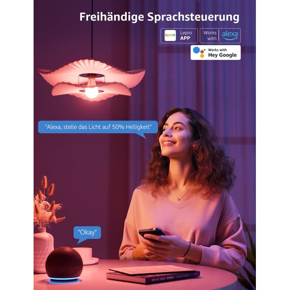 Lepro AI Smart Glühbirne B1, E27 Lampe 8.5W 806lm Dimmbar, Personalisierter KI-Lichtdesigner, Sprachsteuerung/Musik Sync, WiFi & Bluetooth Smart Bulb, Kompatibel mit Alexa/Google Assistant