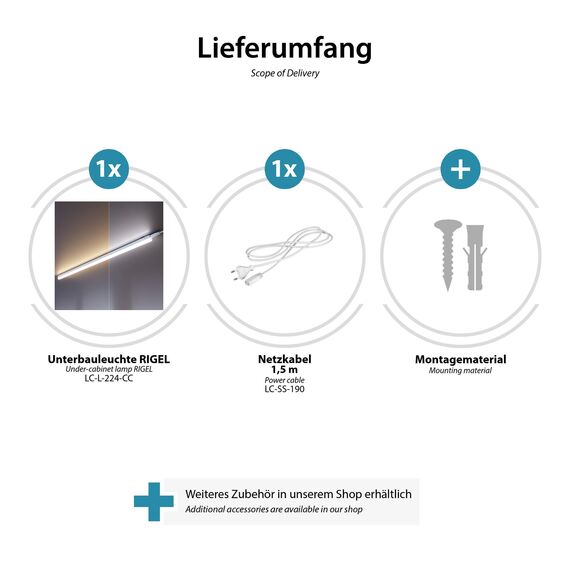 ledscom.de LED Unterbauleuchte RIGEL, Farbtemperatur einstellbar, Stecker, 87cm, 10,1 W, 1122lm, warmweiß/weiß