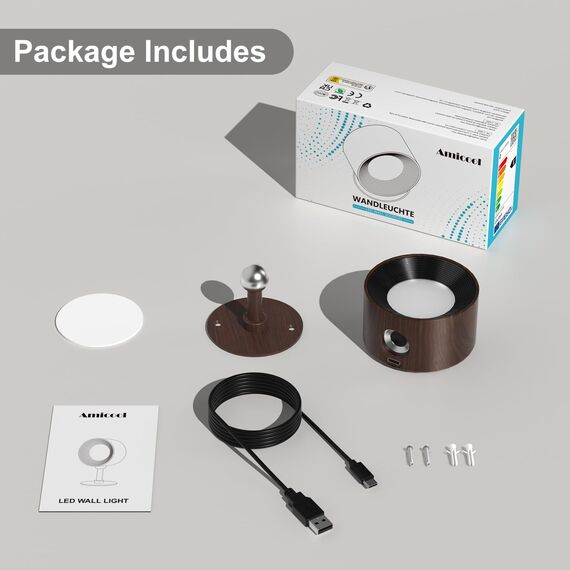 Amicool Wandleuchte Innen,Wandlampe Wandlichter ohne bohren und stromanschluss, leselicht Dimmbar Akku, Leuchten für Kinder Touch 4 Helligkeitsstufen 3 Farbmodi 360° drehbare für Schlafzimmer